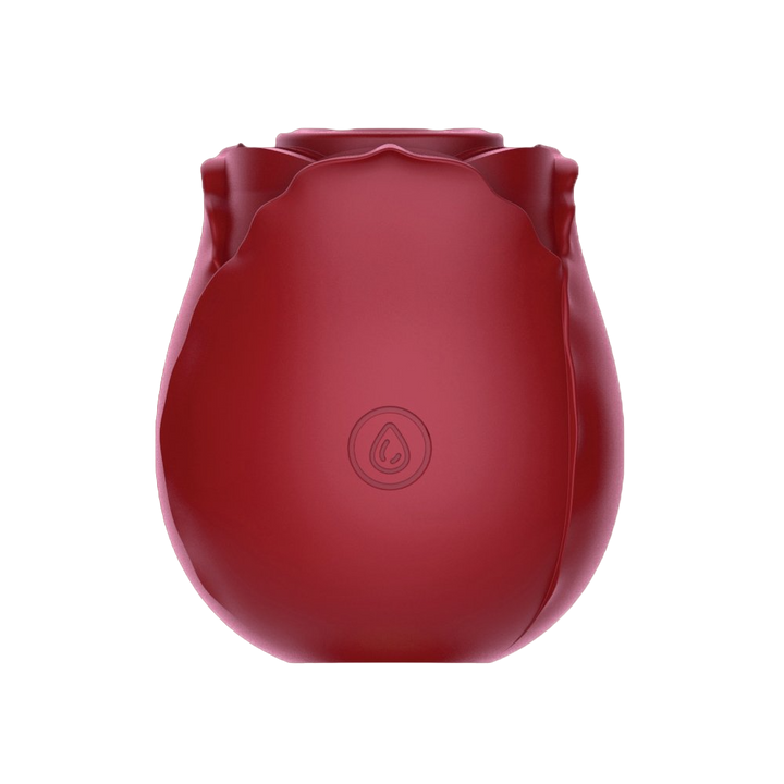 Compact red rose-shaped suction stimulator with soft silicone petals and ergonomic design.