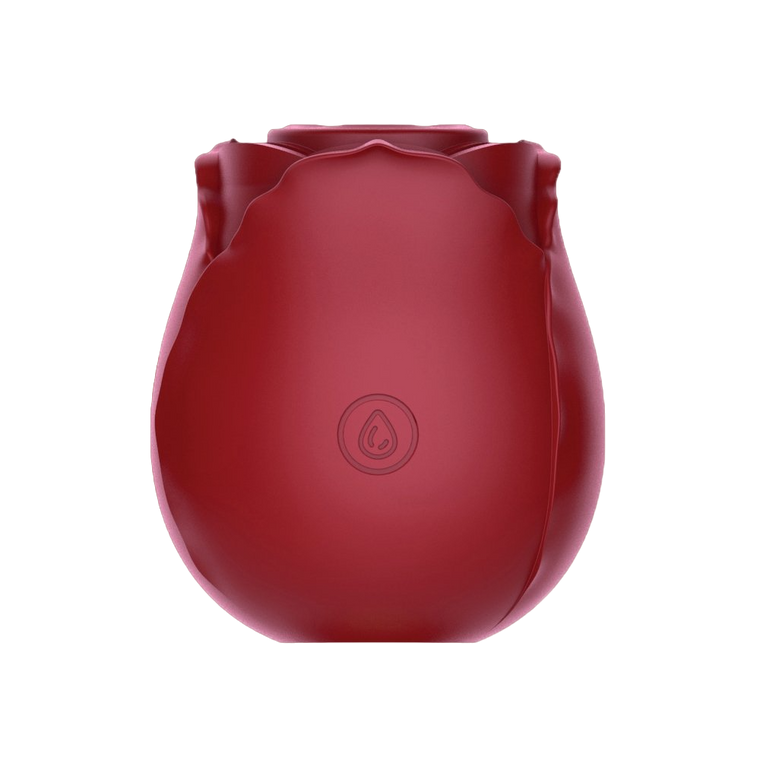 Compact red rose-shaped suction stimulator with soft silicone petals and ergonomic design.