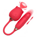 Red rose-shaped suction vibrator with flexible thruster attachment showing dynamic forward and backward motion.