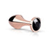 Rosy gold metallic butt plug with a smooth tapered shape and a black faceted crystal base on a white background.