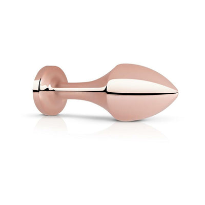 Rosy gold aluminum butt plug with smooth, tapered design and reflective finish on white background.