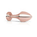 Rosy gold aluminum butt plug with smooth, tapered design and reflective finish on white background.