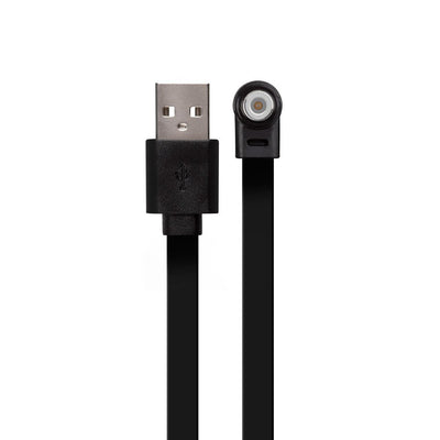 Black USB charging cable with flat cord and magnetic connector end for mini massager device.