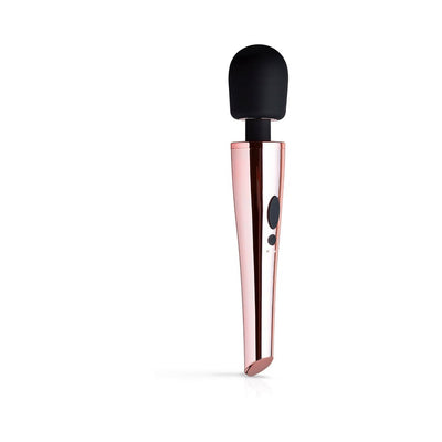 Rosy Gold Nouveau Wand Massager with flexible black silicone head and sleek metallic rose gold handle on white background.