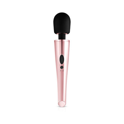 Rosy gold wand massager with black flexible head and control buttons on the handle against white background.