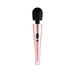 Rosy gold wand massager with black flexible head and control buttons on the handle against white background.