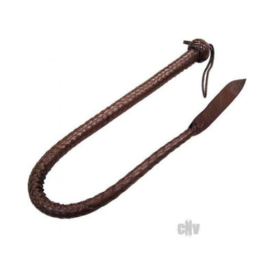 Hand braided genuine leather devil tail whip with loop wrist strap in dark brown, 36-inch length.