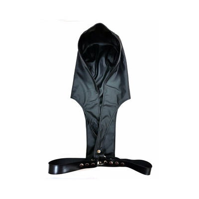 Black faux leather hood with attached genuine leather adjustable harness featuring metal snap buttons.