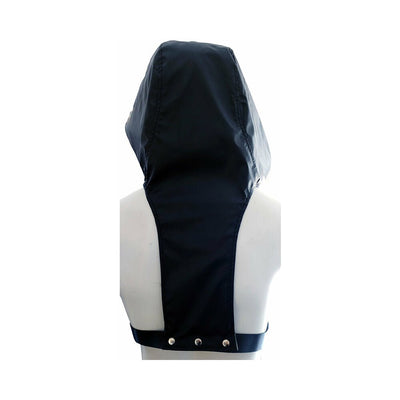 Back view of black faux leather hood attached to adjustable genuine leather harness with metal snap buttons.