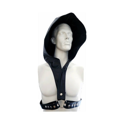 Black faux leather hood with genuine leather harness featuring metal snap buttons on a mannequin torso.