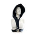 Black faux leather hood with genuine leather harness featuring metal snap buttons on a mannequin torso.