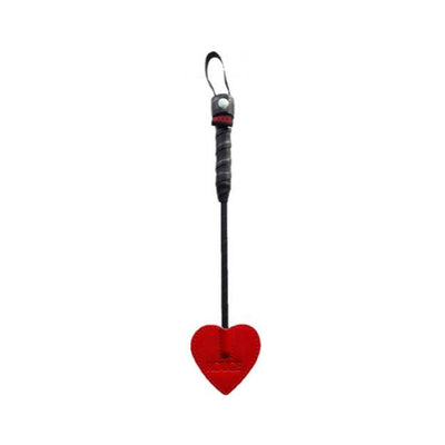 Compact black handle paddle with a red heart-shaped tip and wrist strap for playful control