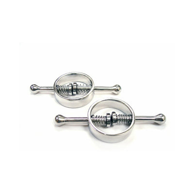Pair of stainless steel spring-loaded nipple clamps with adjustable tension screws on a white background.
