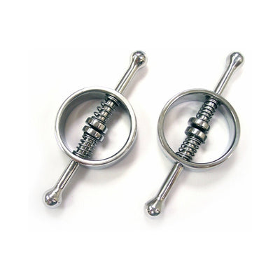 Pair of stainless steel spring-loaded nipple clamps with circular design and adjustable tension.