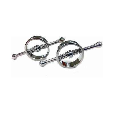 Pair of stainless steel spring-loaded nipple clamps with circular design and bar handles on white background.