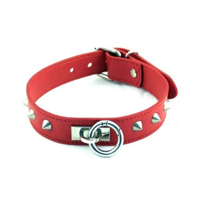 Red leather collar with silver riveted studs and a removable O-ring detail.
