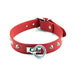 Red leather collar with silver riveted studs and a removable O-ring detail.