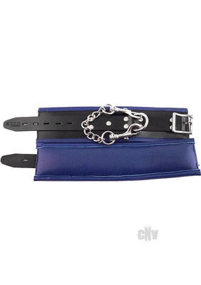 Blue padded leather wrist cuffs with adjustable buckle straps and detachable silver chain clasp.