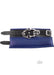 Blue padded leather wrist cuffs with adjustable buckle straps and detachable silver chain clasp.