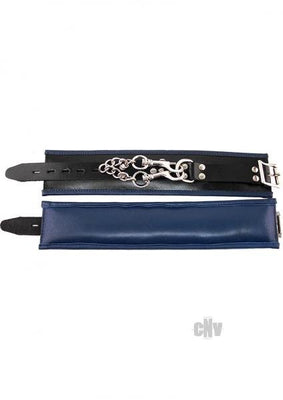 Blue padded leather ankle cuffs with adjustable buckle straps and detachable silver chain with trigger hooks.