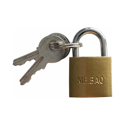 Small brass padlock with two silver keys attached on a white background