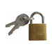Small brass padlock with two silver keys attached on a white background