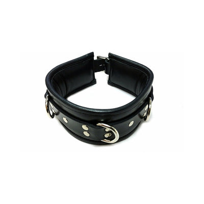 Black padded leather collar with three silver D-rings and adjustable buckle closure.