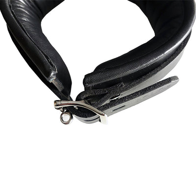 Close-up of black padded leather collar with silver buckle and three D-rings for adjustable attachments.