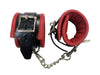 Red and black padded leather wrist cuffs with adjustable buckles and detachable silver chain connectors.