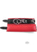 Red padded leather wrist cuffs with adjustable buckle straps and detachable silver chain hook.
