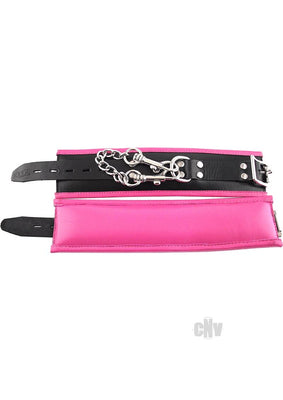 Pink padded leather wrist cuffs with black adjustable straps and detachable silver chain connectors.
