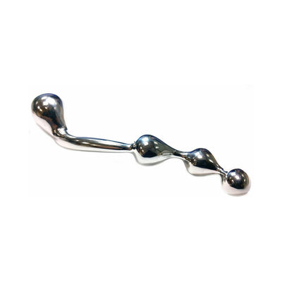 Polished stainless steel prostate probe with curved design and graduated bulb shapes for targeted stimulation.