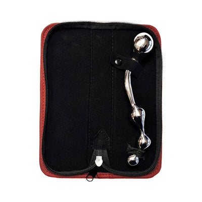 Stainless steel prostate probe with curved design and rounded ends in a black zippered carrying case with red trim.