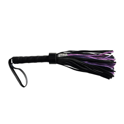 Black and purple short suede flogger with wrapped leather handle and wrist strap for grip.