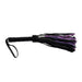 Black and purple short suede flogger with wrapped leather handle and wrist strap for grip.