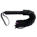 Black short suede flogger with wrapped leather handle and wrist strap, featuring multiple suede tails for sensation play.