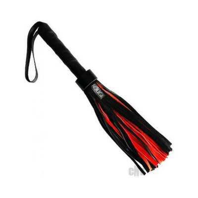 Black and red suede flogger with leather handle and wrist strap for grip and sensation play.