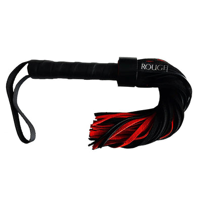 Black and red short suede flogger with wrapped leather handle and wrist strap for grip.
