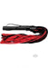 Black leather handle flogger with red and black suede straps, 27 inches long for versatile use.