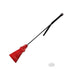 Black riding crop with a red tasseled leather tip and wrapped handle with wrist strap.