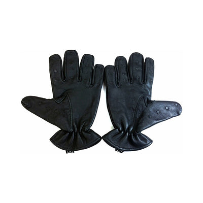 Black genuine leather vampire gloves with small spikes on fingers and elasticated wrists, size XL.