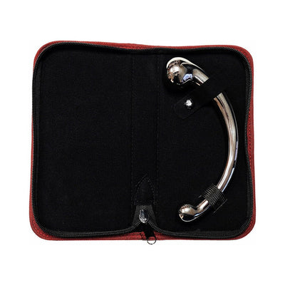Mirror-polished stainless steel curved wand with rounded ends secured inside a black and red zippered storage pouch.