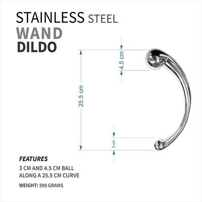 Stainless steel curved wand with 3 cm and 4.5 cm balls, 25.5 cm length, polished surface, and product dimensions shown.