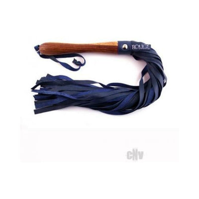Black leather flogger with multiple tassels and a polished wooden handle featuring a wrist loop for secure grip.