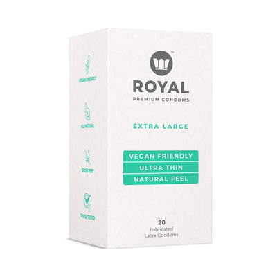 Box of Royal Extra Large Vegan Friendly Ultra Thin Natural Feel lubricated latex condoms, 20-pack.