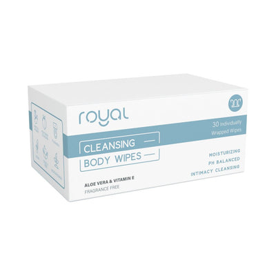 Box of Royal Cleansing Body Wipes with aloe vera and vitamin E, 30 individually wrapped, fragrance-free for intimate hygiene.