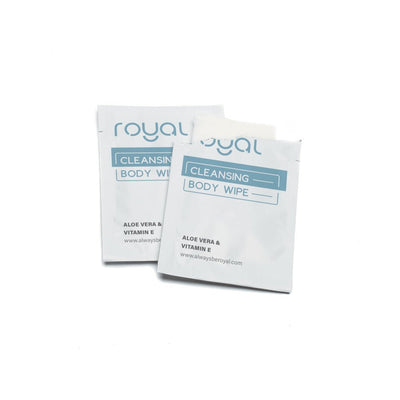 Two individually wrapped Royal Condom Intimacy Cleansing Body Wipes with Aloe Vera and Vitamin E on a white background.