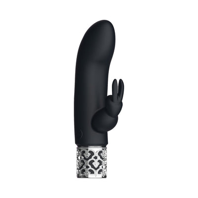 Black silicone rechargeable bullet vibrator with rabbit-shaped clitoral stimulator and decorative silver base.