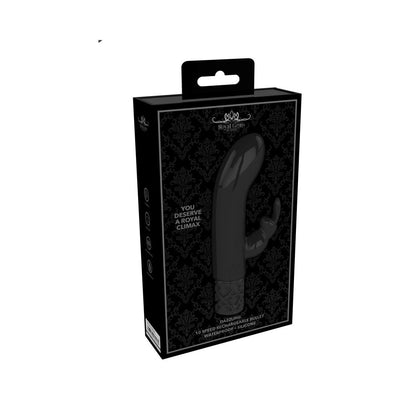 Royal Gems Dazzling rechargeable silicone bullet vibrator in sleek black packaging with elegant design.
