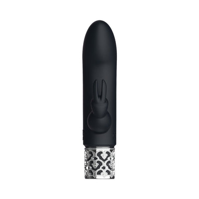 Black silicone rechargeable bullet vibrator with decorative silver base and subtle bunny design on the shaft.